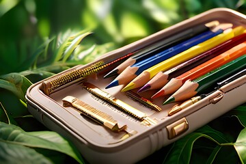 Close-up of a Student's Desk's Stationery Textbooks, school supplies, pencil case, notebooks, pens, and pencils. Returning to school. Concept of knowledge and learning. Lay flat. Text space is provide