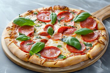 Pepperoni Pizza with Fresh Basil, Tomato Topping - Delicious and Fast Snack