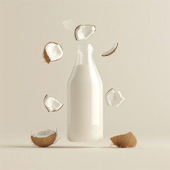 A floating bottle of coconut yogurt with pieces of coconut, depicted in 3D clay style against a soft, creamy white background.

