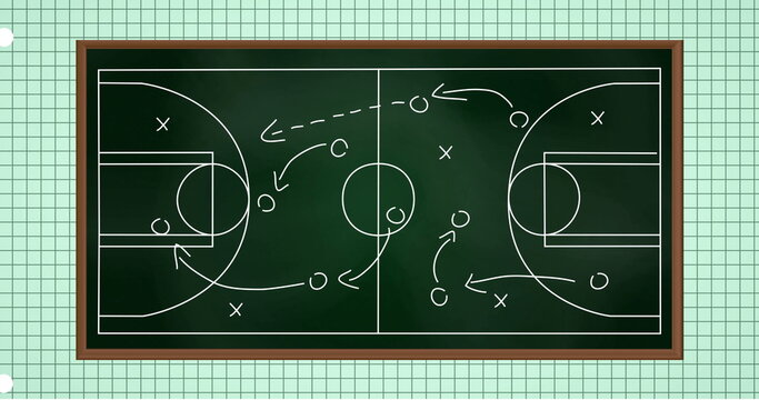 Image of sports game strategy on green squared paper background