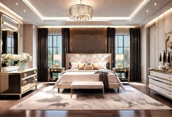 Stylish bedroom décor with shimmering gold accents and ornate chandelier, Lavish sleeping space adorned with gold elements and upscale chandelier, Luxurious room featuring gold décor.