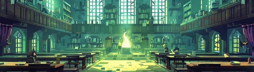 Pixelated wizard school with students casting spells and magical classrooms