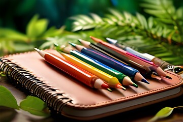Close-up of a Student's Desk's Stationery Textbooks, school supplies, pencil case, notebooks, pens, and pencils. Returning to school. Concept of knowledge and learning. Lay flat. Text space is provide - obrazy, fototapety, plakaty