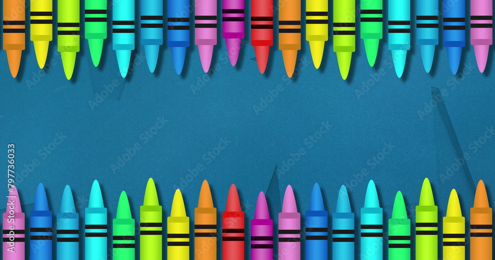 Poster image of multiple colourful crayons on top and bottom over blue background