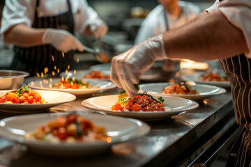 Chefs wearing aprons and gloves meticulously garnishing dishes in a professional kitchen