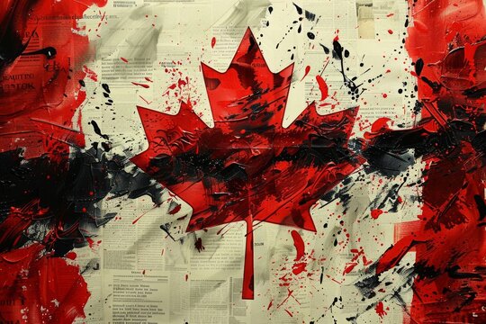 The Canadian flag depicted with bold red paint splatters on a grunge newspaper backdrop.
