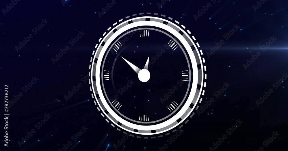 Poster image of digital clock in loading circles with lens flare moving against black background