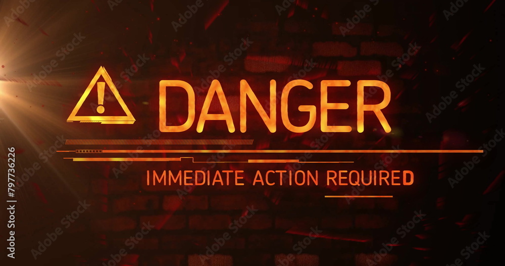 Poster image of exclamation in triangle, danger, immediate action required text on abstract background