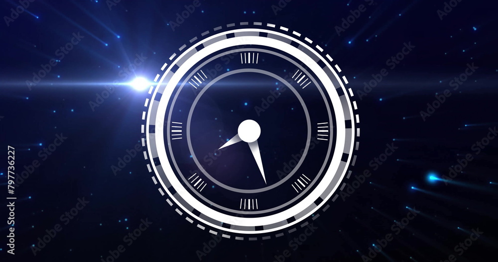 Poster image of digital clock in loading circles with lens flare moving against black background