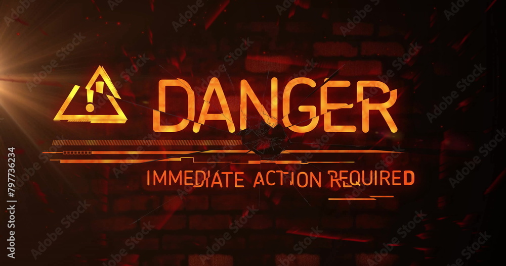 Poster image of exclamation in triangle, danger, immediate action required text on abstract background