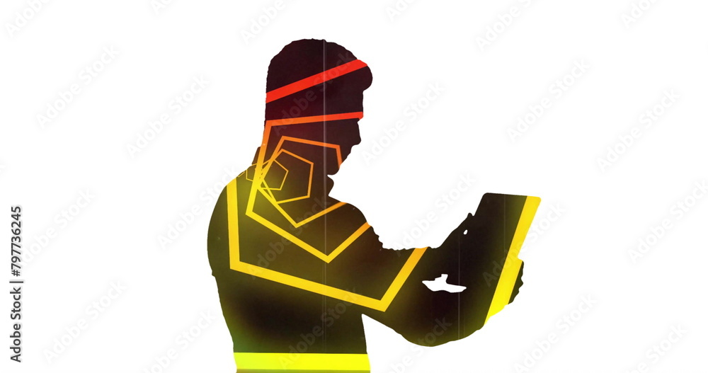 Poster image of looping hexagon tunnel over thoughtful shadow of man using digital tablet