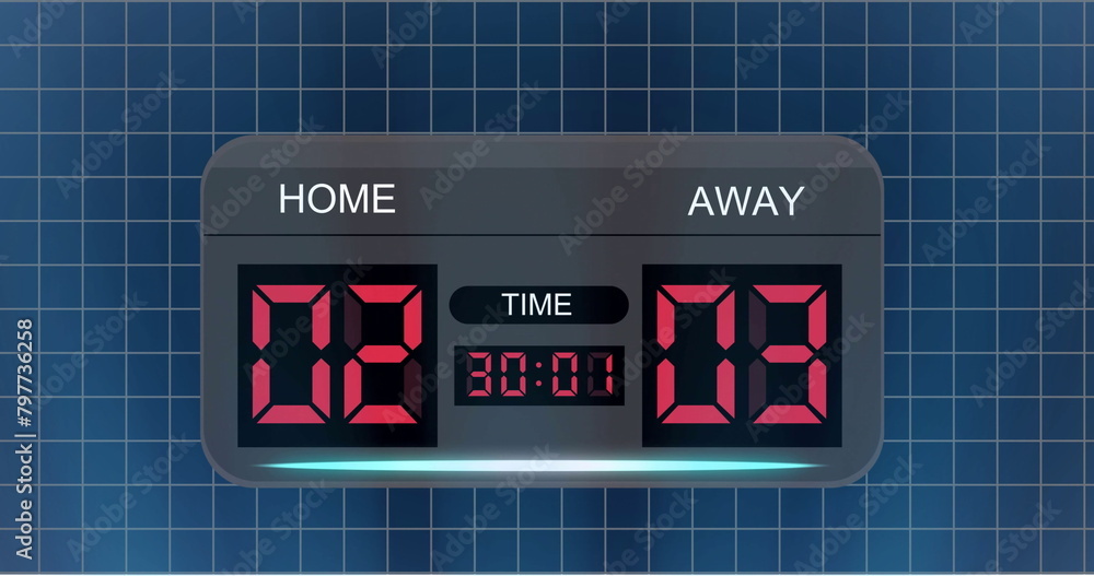 Poster image of home, away text with changing numbers in alarm clock over grid pattern