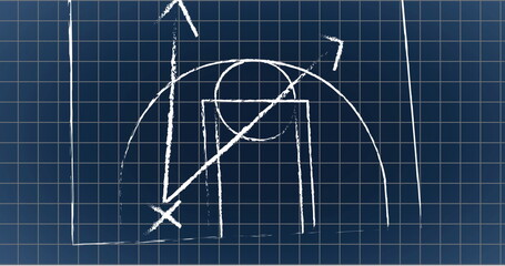 Image of arrow and x with circles on sports court on grid pattern against black background