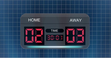 Image of home, away text with changing numbers in alarm clock over grid pattern