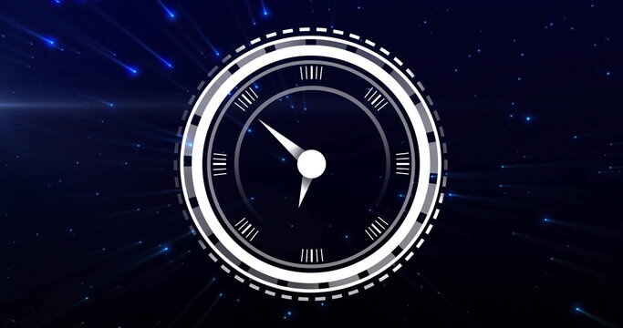 Image of digital clock in loading circles with lens flare moving against black background - Powered by Adobe