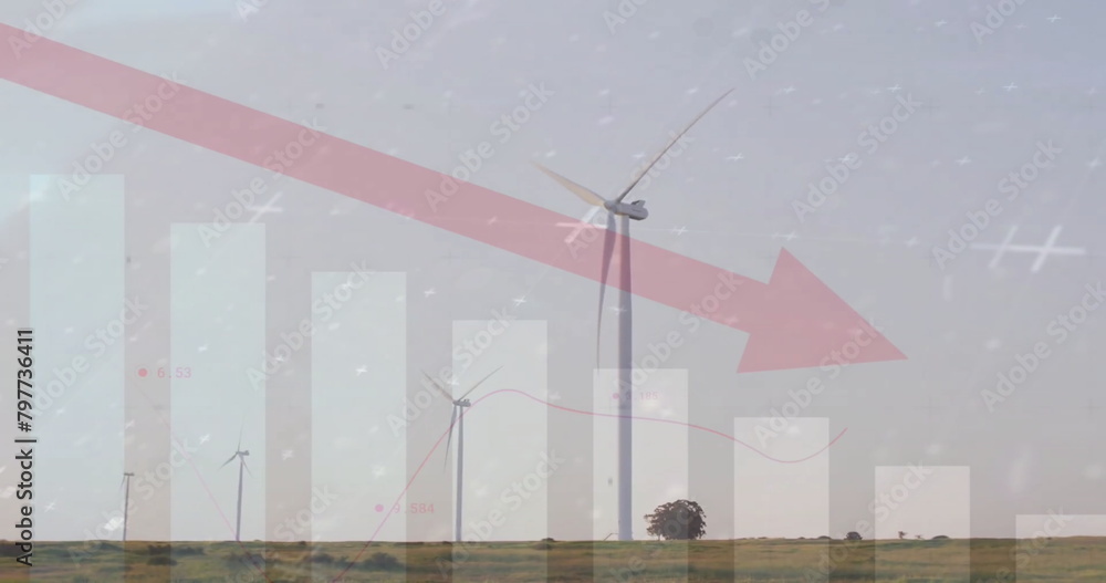 Aufkleber image of red arrow and financial data processing over wind turbines field in countryside