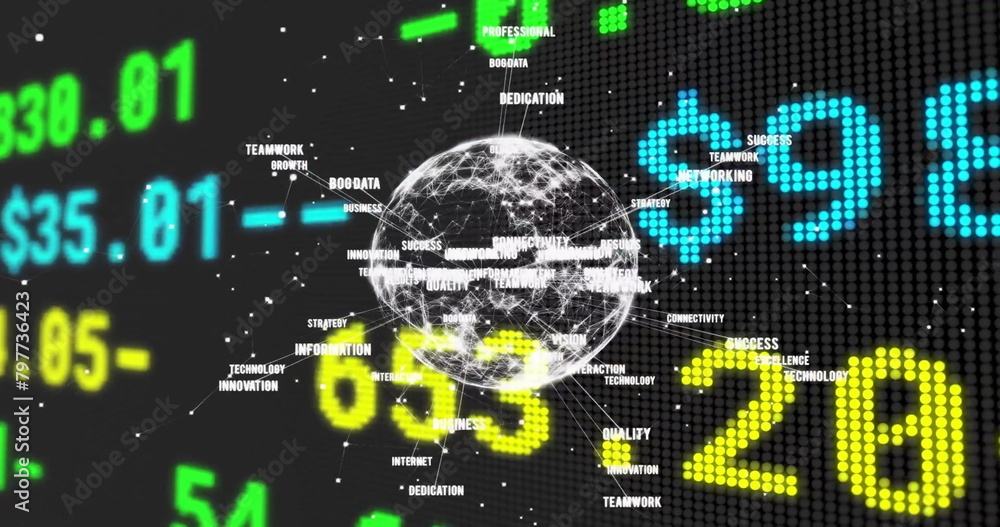Poster image of financial data processing over globe