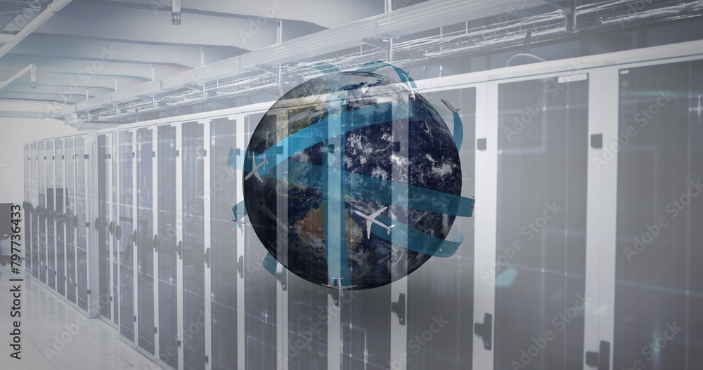Aufkleber digital image of airplane icons flying around the globe against empty server room