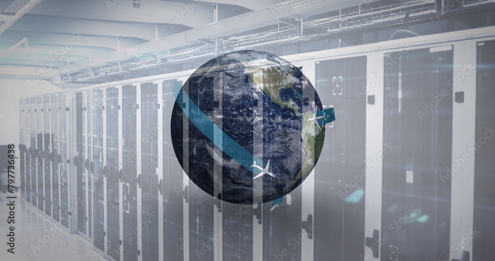 Aufkleber digital image of airplane icons flying around the globe against empty server room