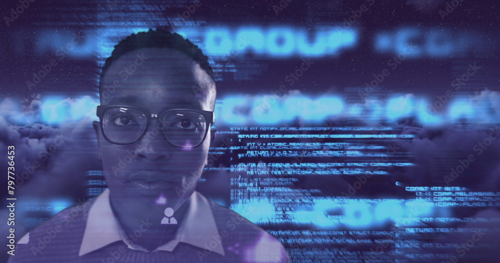 Poster image of portrait of man data processing digital icons over sky with clouds