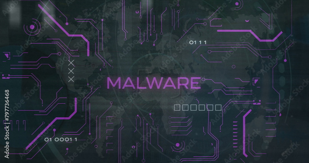 Poster image of infected text over computer circuit board and data processing