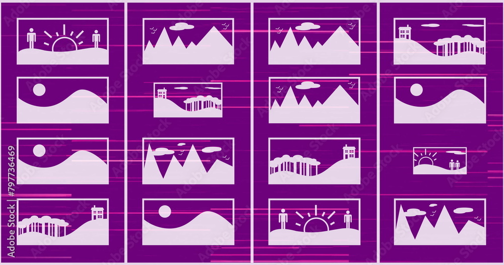 Poster image of digital pictures and falling binary codes with lines over purple background