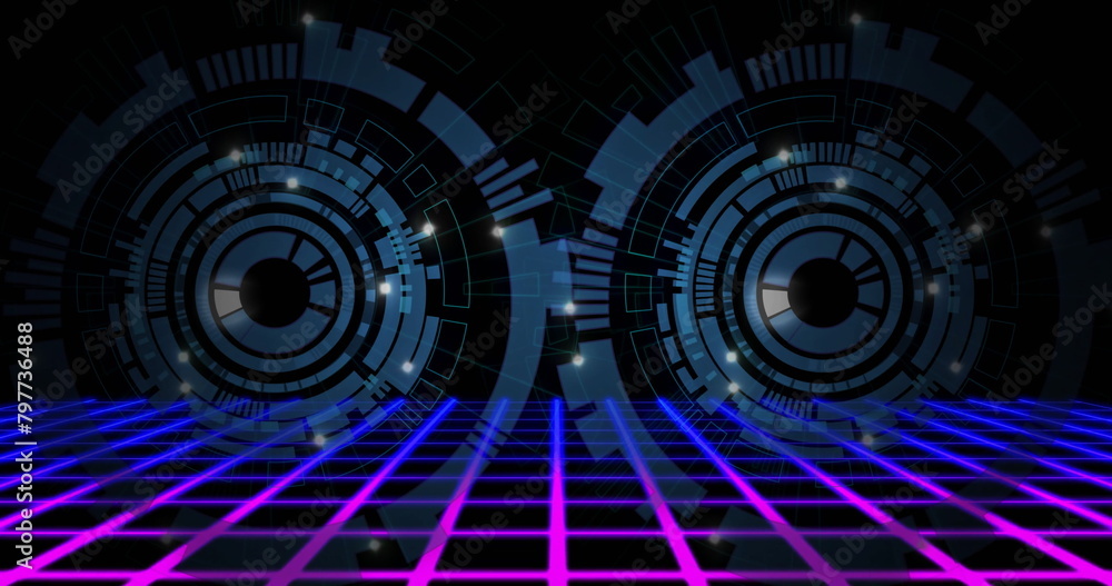 Poster image of loading circles moving over grid pattern against black background