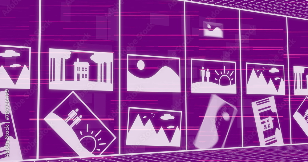 Poster image of texts and pictures in rectangle with falling binary codes over purple background