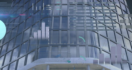 Image of financial data processing over skyscraper