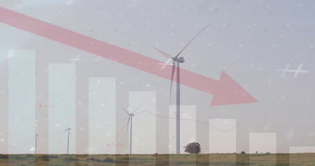 Image of red arrow and financial data processing over wind turbines field in countryside