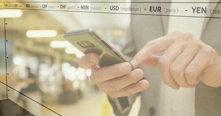 Image of financial data processing over caucasian businessman using smartphone