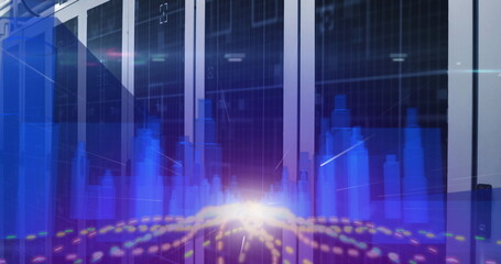 Digital image of glowing spot of light over blue 3D city model against server room