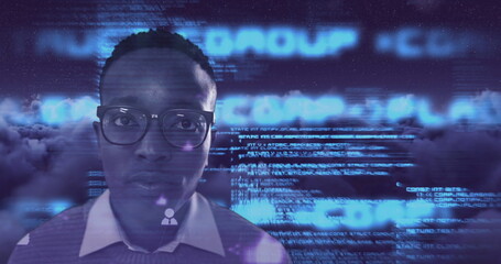 Image of portrait of man data processing digital icons over sky with clouds