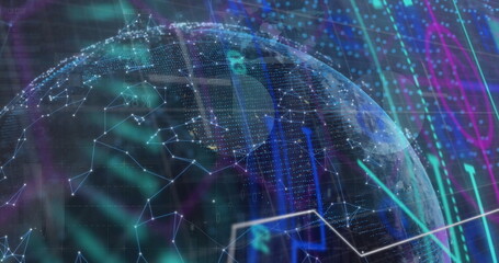 Image of globe over computer circuit board and data processing