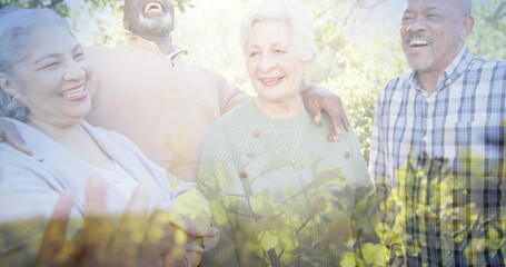 Image of trees over diverse senior people smiling in garden