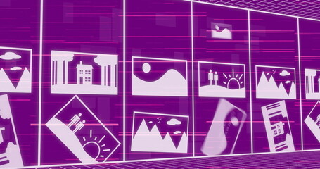 Image of texts and pictures in rectangle with falling binary codes over purple background