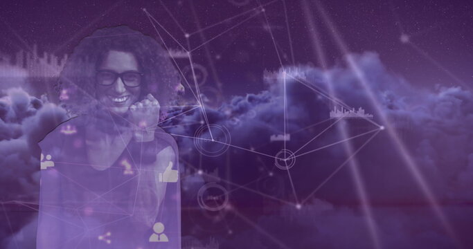 Image of woman dressed as superhero with network of connections and data processing - Powered by Adobe