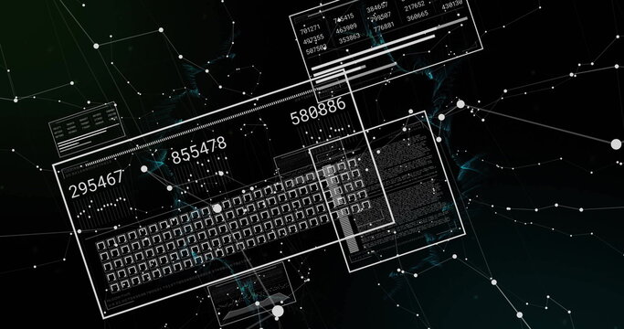 Image of graphs, changing numbers, loading squares and connected dots over black background
