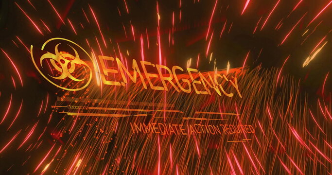 Image of biological hazard sign, emergency immediate action required text on abstract pattern - Powered by Adobe