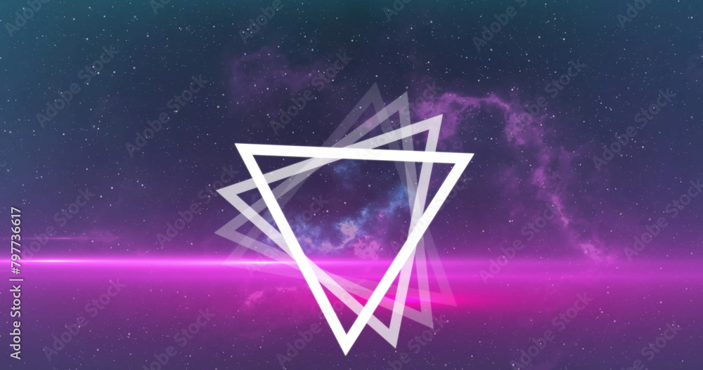 Poster image of multiple white triangles spinning on seamless loop over glowing pink light trails