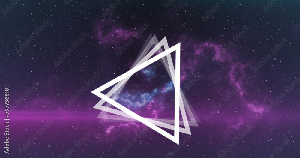 Poster image of multiple white triangles spinning on seamless loop over glowing pink light trails