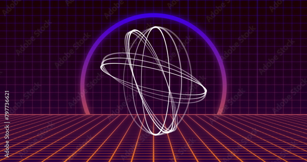 Poster image of multiple white circles spinning on seamless loop with pink to purple neon and grid
