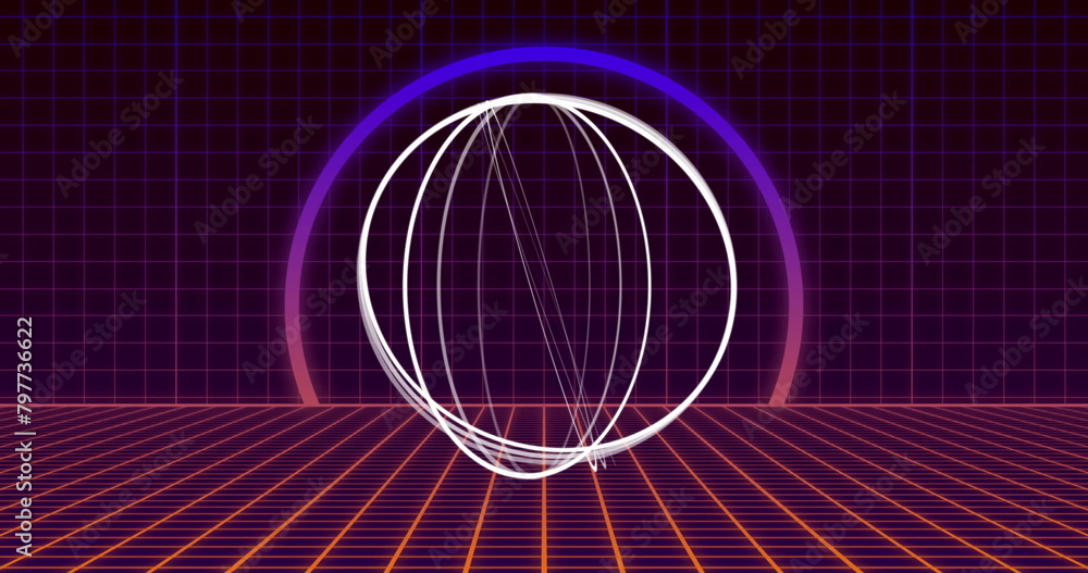 Poster image of multiple white circles spinning on seamless loop with pink to purple neon and grid