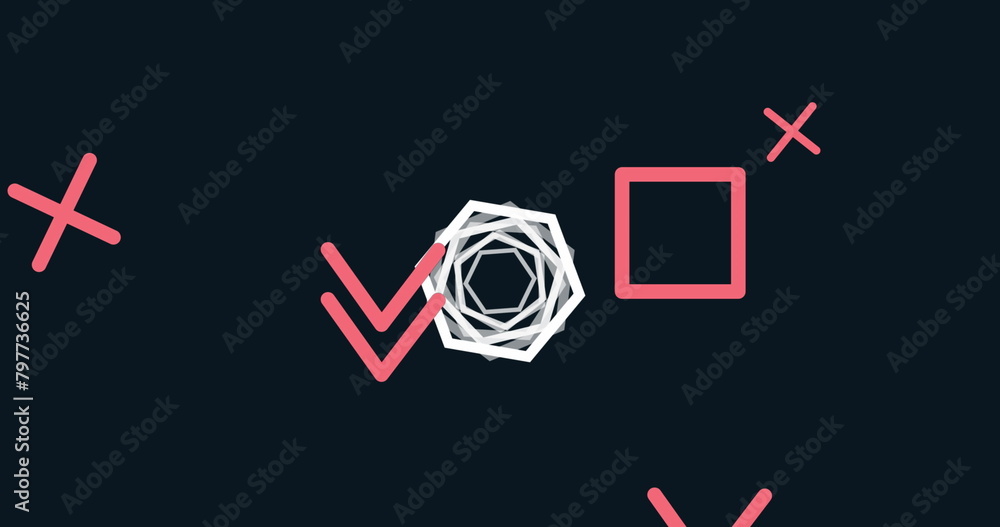 Poster image of multiple white hexagons spinning on seamless loop with pink shapes on black background