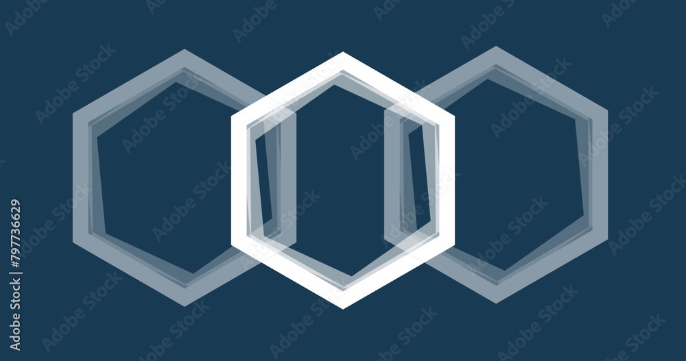 Poster image of multiple white hexagons spinning on seamless loop on blue background