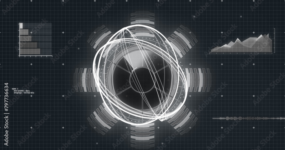 Poster image of data processing over globe spinning and grid in background