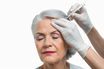 Fototapeta premium Photo of an elderly woman being given hair injections into the scalp by a trichologist, prevention of hair loss, trichology, alopecia, beauty, health.