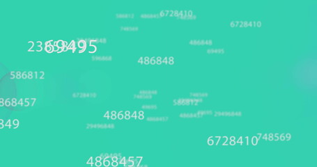 Image of multiple changing number with lens flares moving against blue background
