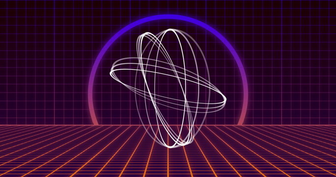 Image of multiple white circles spinning on seamless loop with pink to purple neon and grid