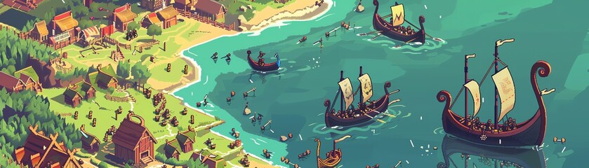 Retro pixel art Viking raid with longboats landing and villagers defending - obrazy, fototapety, plakaty